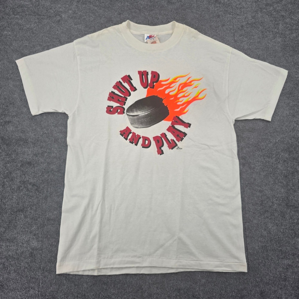 Vintage Action Attitude Gear Shut Up And Play Hockey Flame Graphic Tee White L